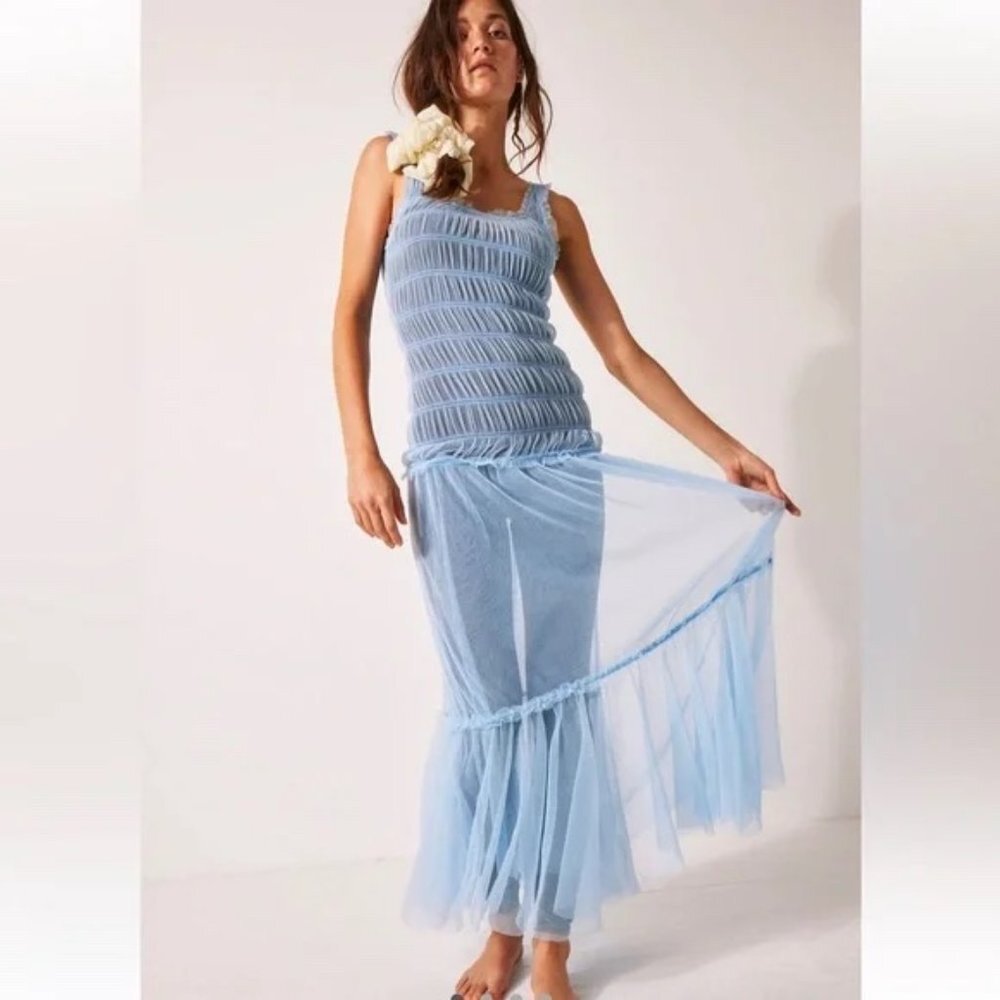 NEW Free People Smock About it Tulle Slip in Blue Sz XS
